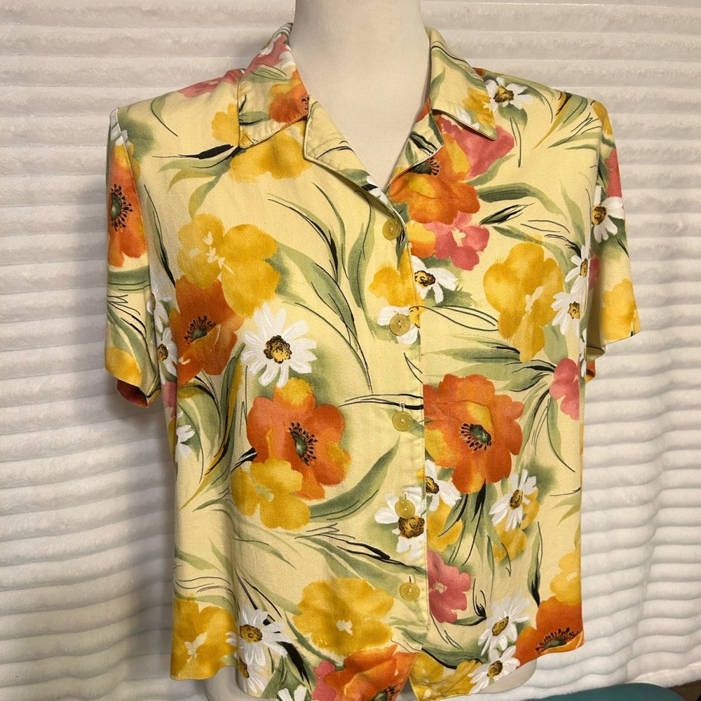 Vintage Alfred Dunner Yellow Boxy Button Down Shirt w/ Shoulder Pads, Size 12P